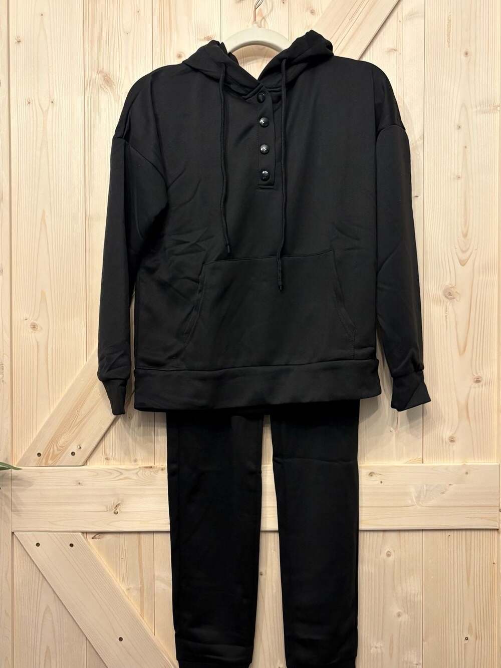 Women's MEDIUM Black Snap-Front Hooded Pullover Sweatshirt and Jogger Lounge Set